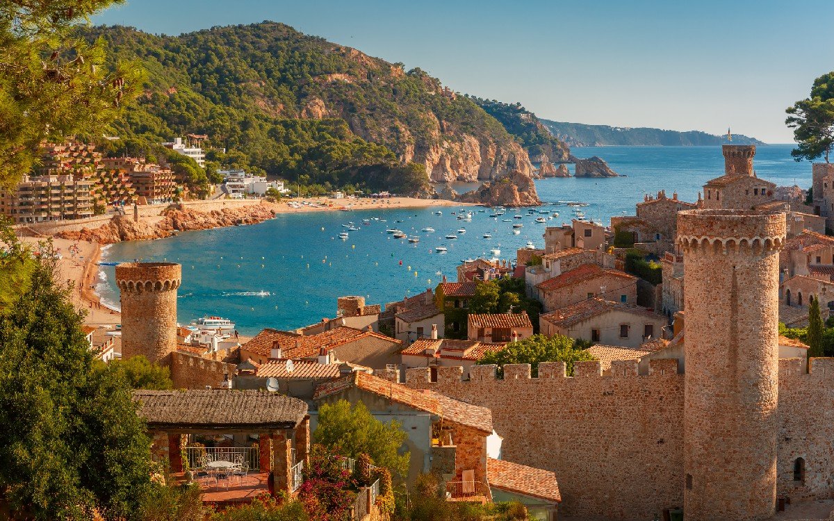 Aerial view of Fortress Vila Vella and Badia de Tossa bay at summer in Tossa de Mar on Costa Brava, Catalunya, Spain